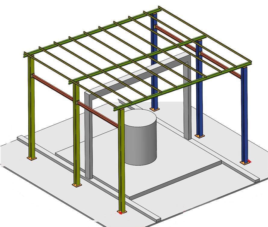 Modelo BIM 3D de una planta industrial con estructura y tuberías